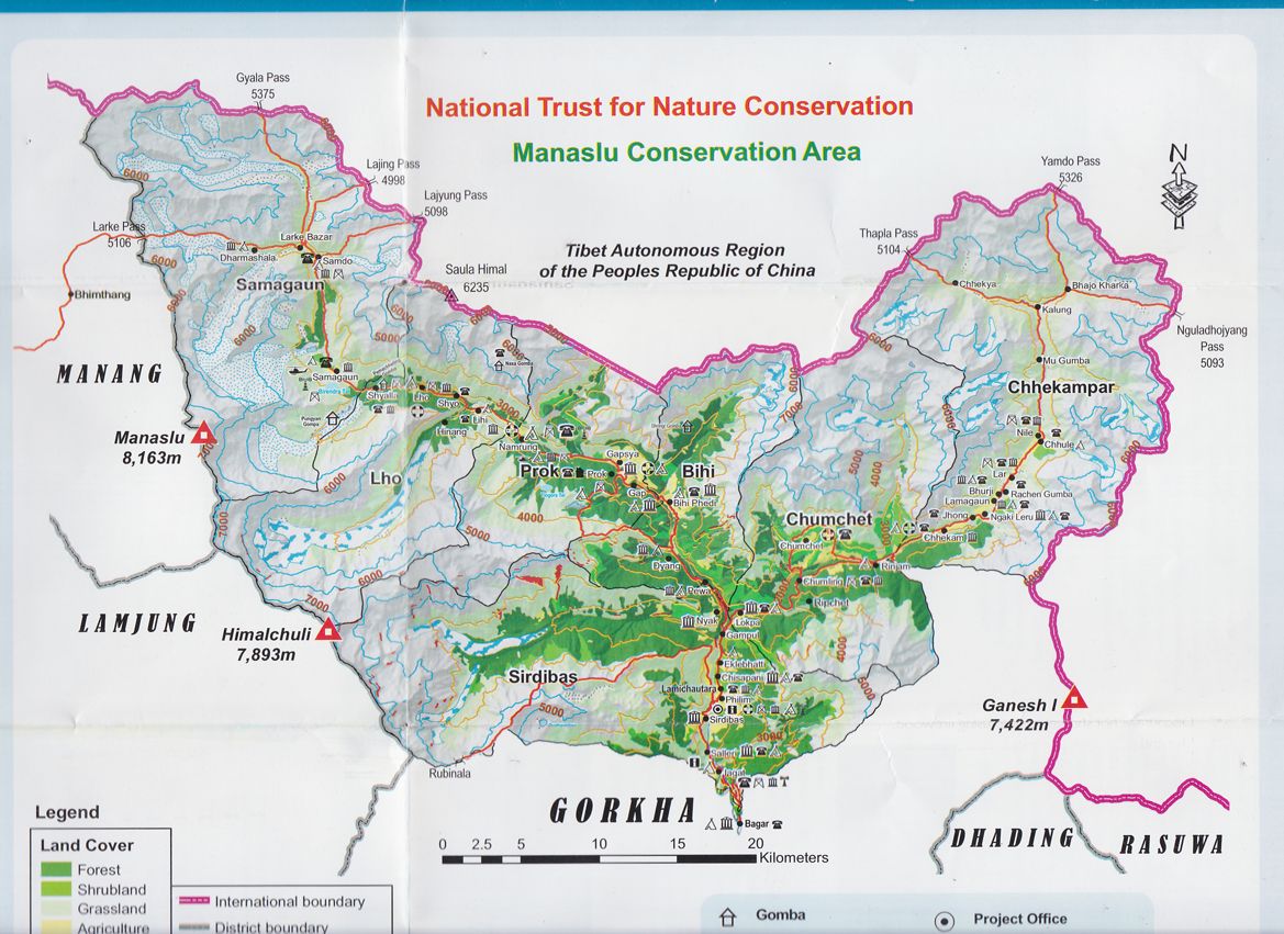 Pocket map of Manaslu & Tsum Valley Conservation Area.